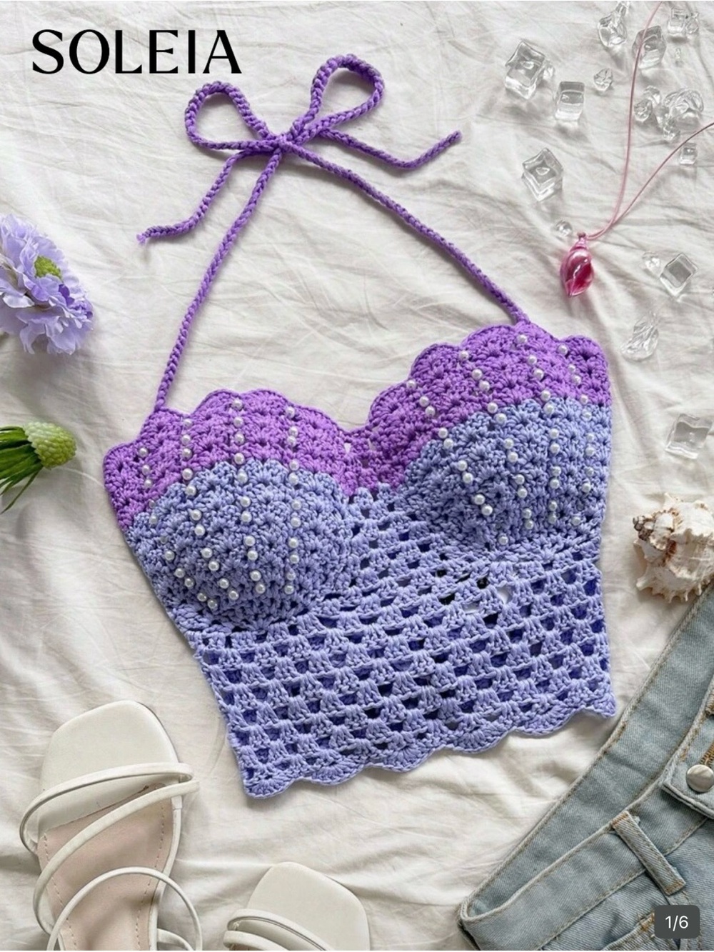 SHEIN Purple and Lavender Crochet Pearl Halter Crop Top